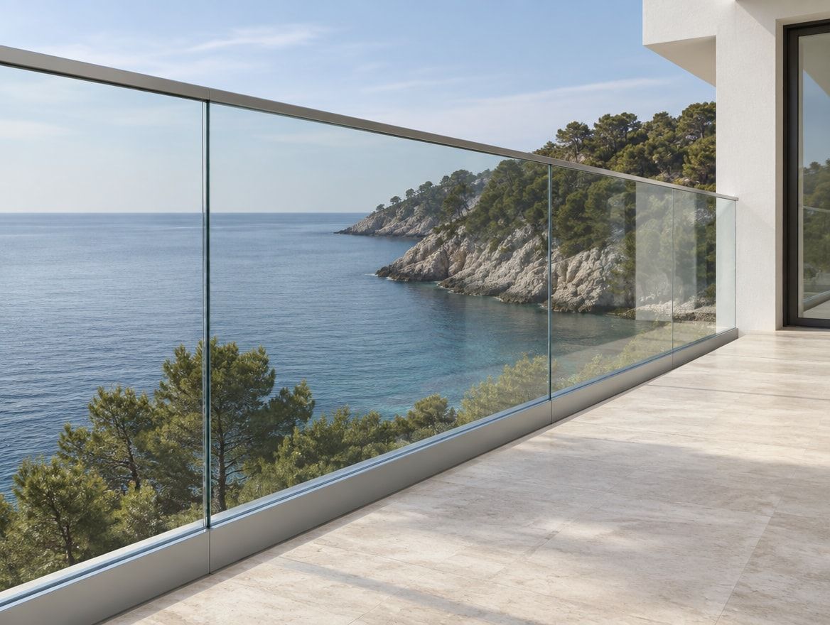 Barandilla de vidrio con perfil de aluminio en una terraza sobre el mar