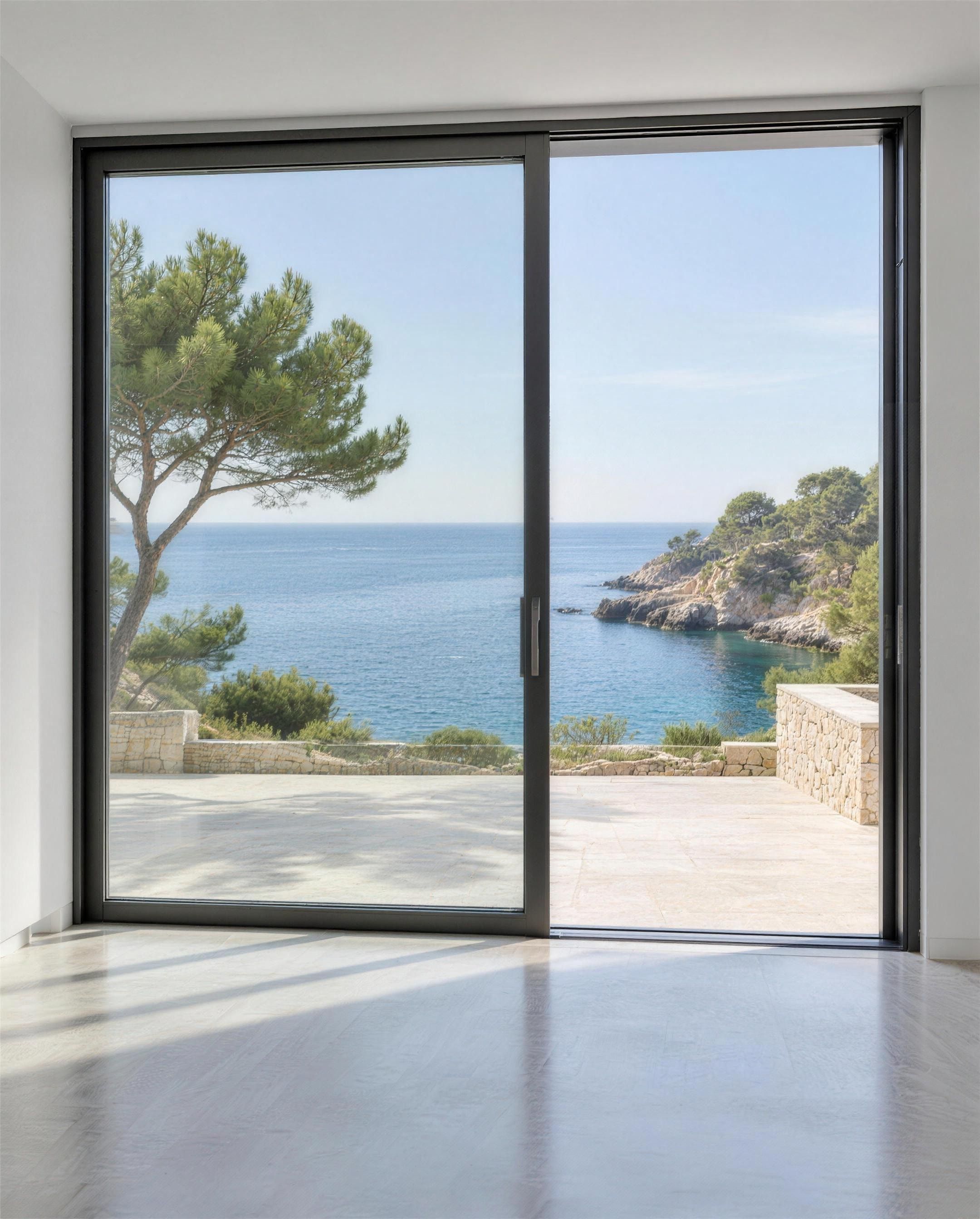 Corredera de aluminio de gran formato abierta a una terraza con vistas al mar