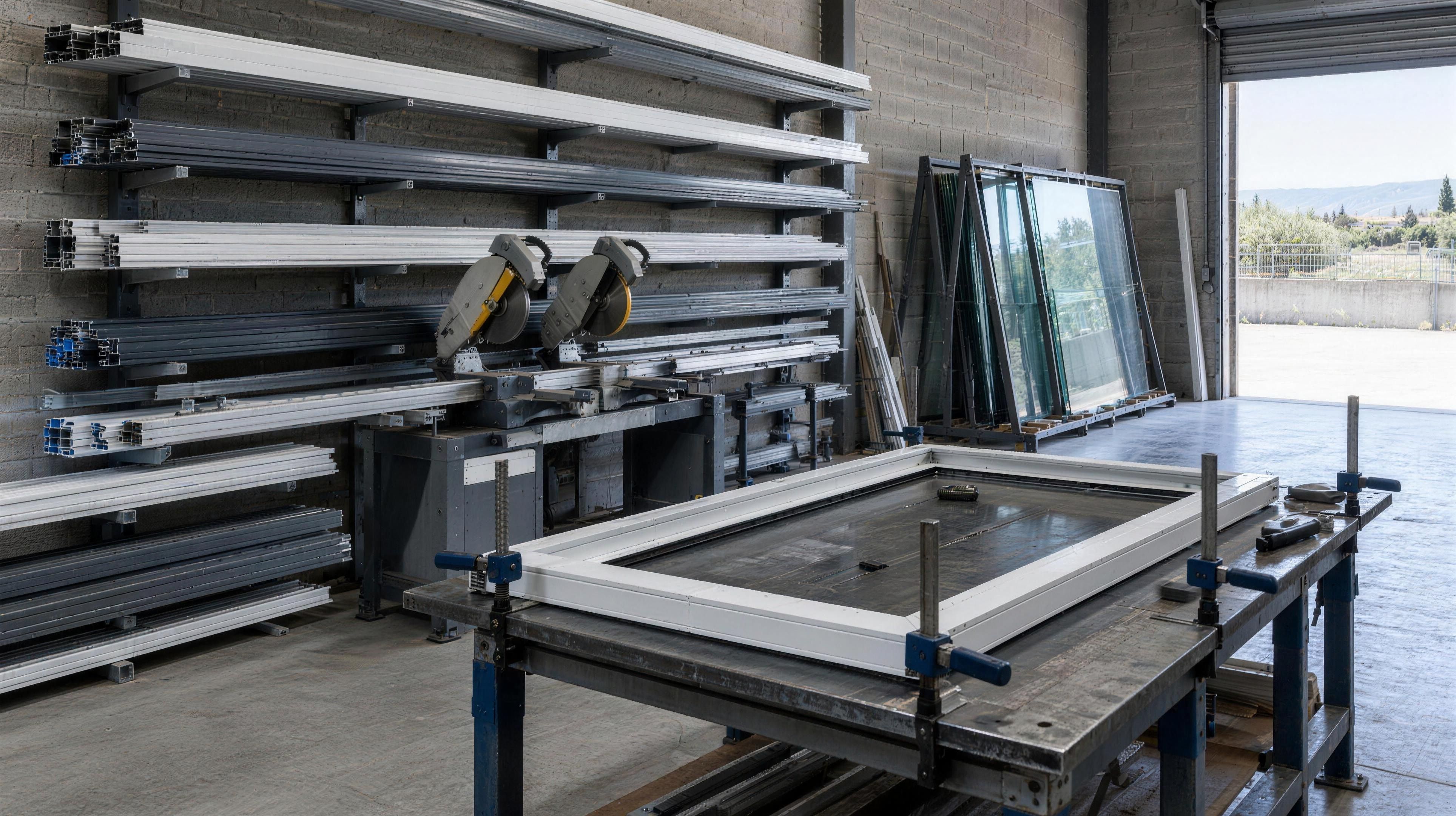 Taller de carpintería de aluminio con perfiles en estanterías, tronzadora y un marco en la mesa de montaje