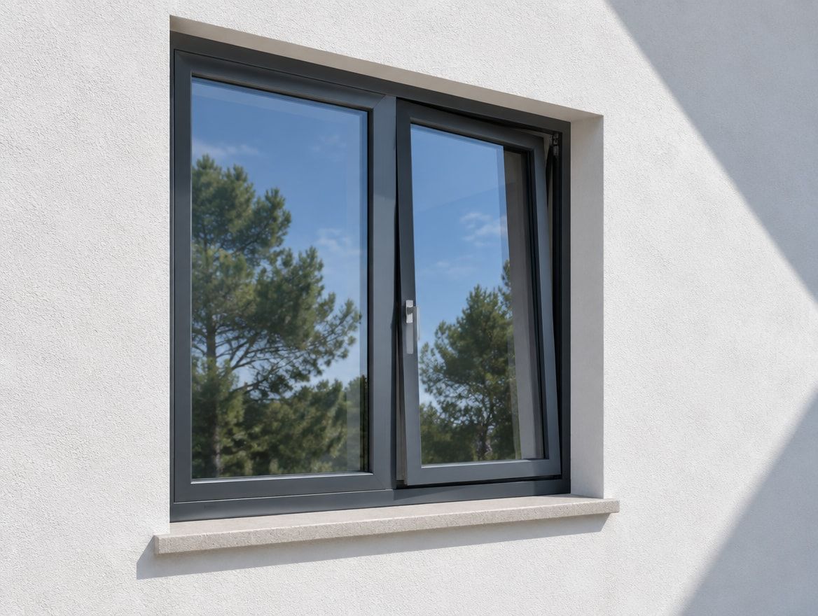 Ventana de aluminio gris antracita de dos hojas en una fachada blanca